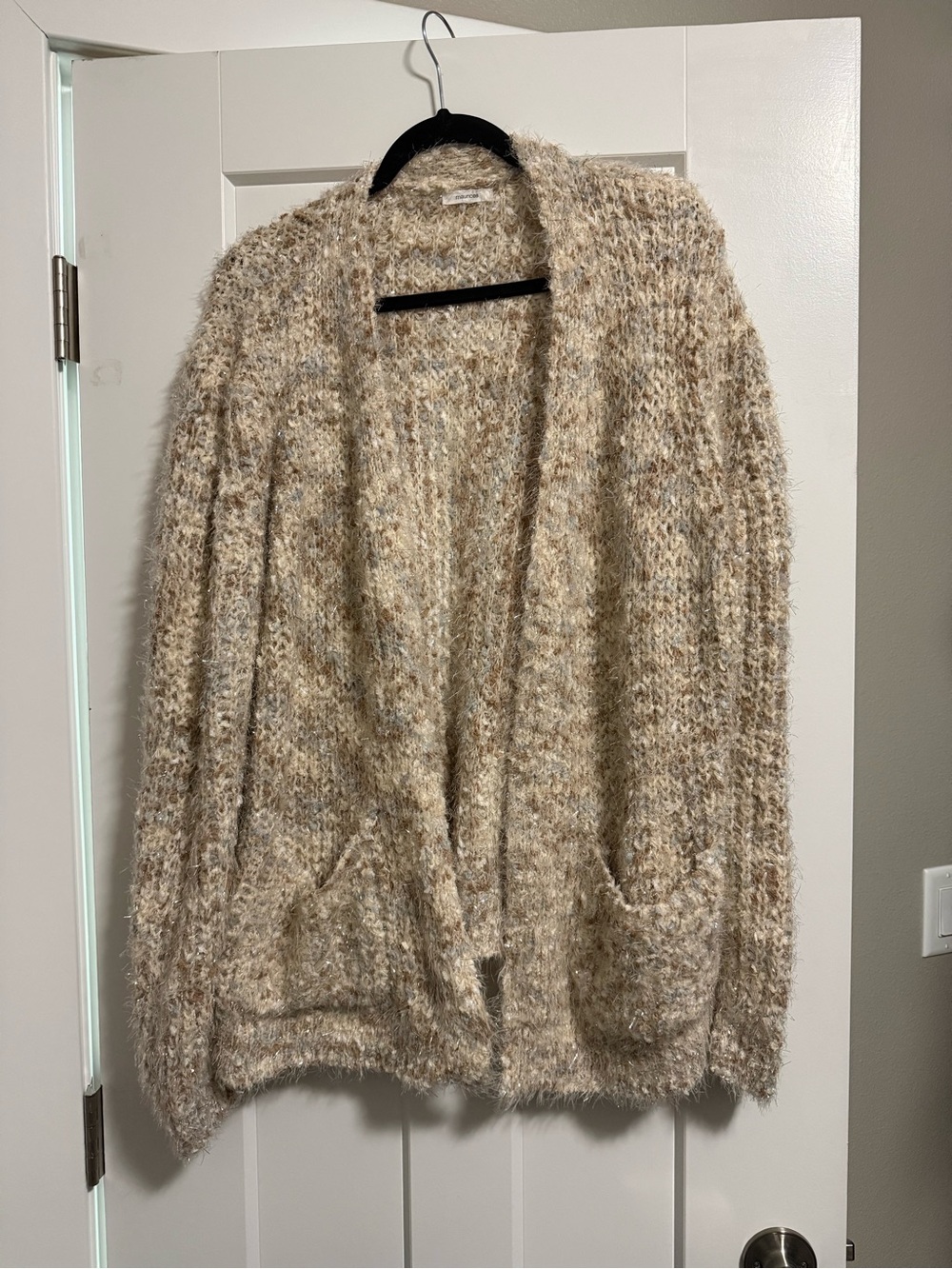 Maurices Beige Fuzzy Open-Front Knit Cardigan